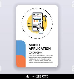 Mobile application brochure template. App development cover design. Print design with linear illustration cartoon character on a white background. Stock Vector