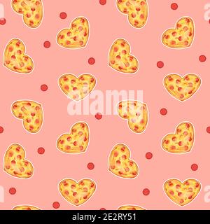 Seamless repeat pattern of cute Heart shaped pizza with sausage and cheese on pink background. Red pieces of smoked sausages salami are around Stock Vector