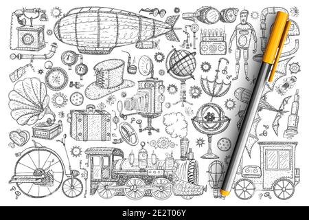 Retro vintage innovations doodle set. Collection of hand drawn vintage lamps, accessories, decorations, trains, robots, wheels, cameras, umbrella, spyglass isolated on transparent background Stock Vector