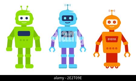Set Cute cartoon robots for games. electronic Robot boy toy, character.  Vector illustration Isolated on white background. Stock Vector