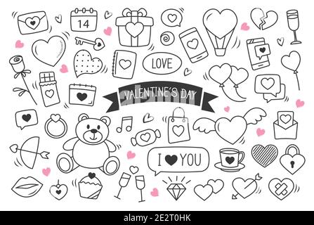 Valentine's day hand drawn doodles objects and symbols. Set of love and elements background. Stock Vector