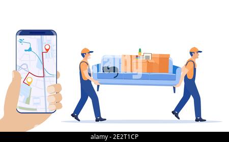 Delivery character man movers carry sofa Stock Vector