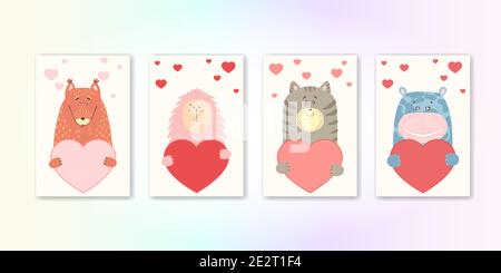 Cute cartoon animal holds a heart sign with copy space. set valentine's day greeting card banner invitation flyer brochure. cartoon hand drawn style. Little animals pets in love, declaration of love. Stock Vector