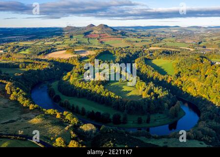 Aerial view of the Eildon Hills and Melrose town centre on the banks of ...
