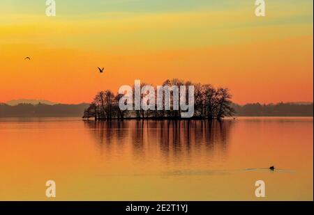 The colors in the sky are always beautiful when the sun goes down on Dieksee in Bad Malente-Gremsmühlen. Stock Photo