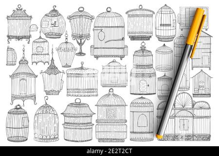 Cages for birds doodle set. Collection of hand drawn elegant vintage cages for birds for home or garden of different styles and shapes isolated on transparent background. Illustration of animal house Stock Vector