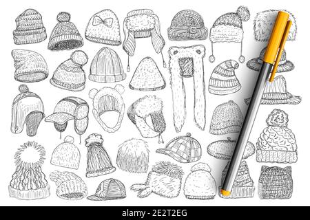 Various winter caps and hats doodle set. Collection of hand drawn stylish caps hats with fur for wearing outdoors during winter time isolated on transparent background. Illustration of headdress Stock Vector