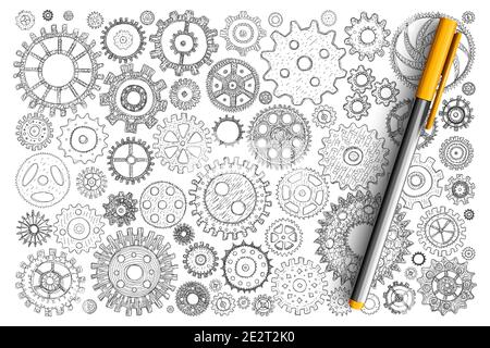 Engineering gears and wheels doodle set. Collection of hand drawn industrial gears engines for launching mechanisms of different sizes isolated on transparent background. Illustration of mechanicals Stock Vector