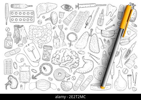 Medical recovery elements doodle set. Collection of hand drawn drugs treatment heating pad, thermometer, adhesive plaster, enema, dropper, vitamins and fruits isolated on transparent background Stock Vector