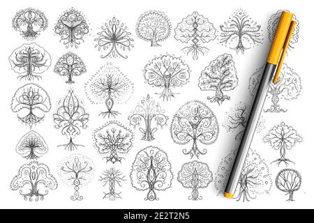 Trees elegant patterns doodle set. Collection of hand drawn trees with crowns and trunks drawn in elegant styles isolated on transparent background. Illustration of nature beauty concept  Stock Vector