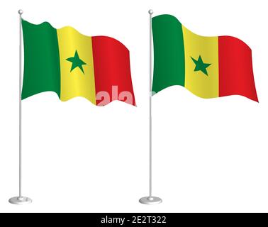 flag of republic of Senegal on flagpole waving in wind. Holiday design element. Checkpoint for map symbols. Isolated vector on white background Stock Vector