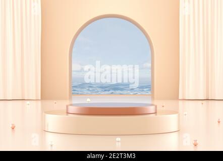 Pastel colors 3d podium for cosmetic products showcase. 3d background for branding and product presentation. Big arch window with sea view and podium, pedestal, round stage. 3d rendering. Stock Photo