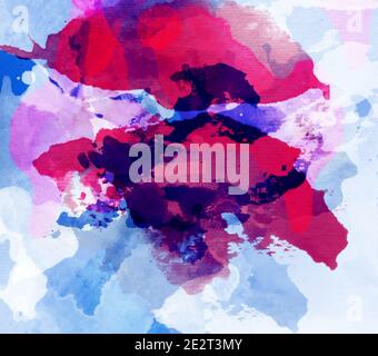 Watercolor in blue and purple red on texturized paper. Abstract poster color hand painted background. Stock Photo