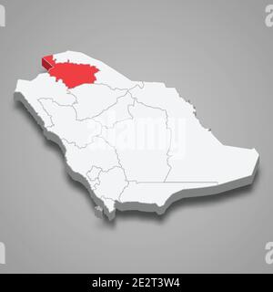 Al Jawf region location within Saudi Arabia 3d isometric map Stock Vector