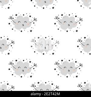 Cute cloud childish seamless pattern with adorable character with stars around. Hand drawn Scandinavian style vector illustration. Cute childish patte Stock Vector