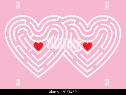 Two hearts maze, the search for love.  The labyrinth in the shape of two linked hearts on pink background. Vector available. Stock Vector