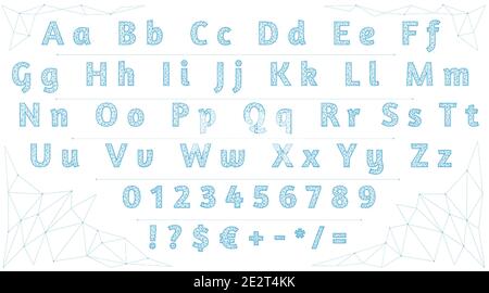 Polygonal font. Low poly letters, numbers and signs. Alphabet created with lines and dots. Alphabet made of lines and dots on a white background. Stock Vector