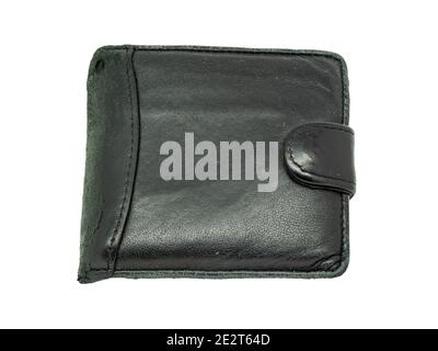 Old used worn out black wallet cut out and isolated on a white background, close up studio shot stock photo image Stock Photo
