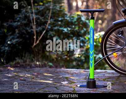 Fischer high performance air pump for bicycle tires, with gauge for air pressure in Gifhorn, Germany, December 30, 2020 Stock Photo