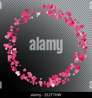 Red flying hearts love passion round frame template. Cartoon confetti love signs for your graphic design. Abstract flying red gradient hearts scatter Stock Vector
