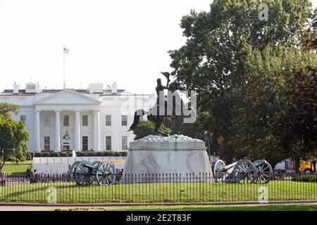 Statue of President Andrew Jackson on Lafayette Square outside of the White House in Washington DC, USA. Stock Photo