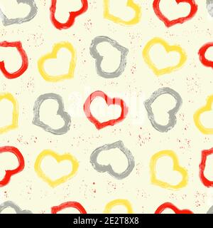 seamless pattern of red, gray and yellow hearts drawn by a brush on a light background with a splash texture Stock Vector