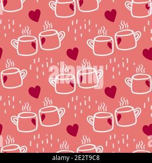 Valentines Day theme doodle Vector seamless pattern of hand drawn two cups of tea of coffee with heart shape Stock Vector