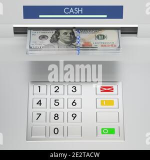 Atm machine keypad with 100 dollar banknotes in the money slot. Password security, online payment, cash withdrawal deposit, transfer funds, giving mon Stock Photo