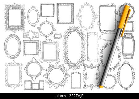 Mirrors and frames doodle set. Collection of hand drawn elegant vintage mirrors of different styles and shapes isolated on transparent background. Illustration of interior decorative accessories Stock Vector