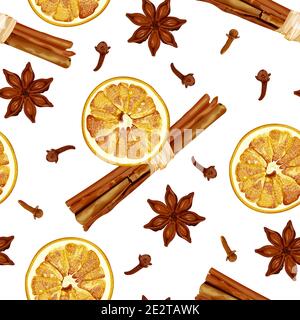 Seamless pattern with cinnamon sticks, dried orange slices, aniseed stars and cloves. Christmas and New Year spices. Stock Vector