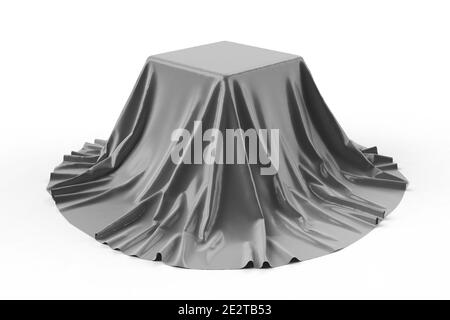 Box covered with grey fabric. Isolated on white background. Surprise, award, prize, presentation concept. Showroom stand. Reveal a hidden object. Rais Stock Photo