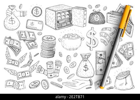 Money and finance doodle set. Collection of hand drawn safe, sacks with cash, coins, dollars, american currency in stacks and heaps isolated on transparent background. Illustration of wealth concept Stock Vector