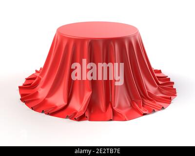 Round box covered with red fabric isolated on white background. Surprise, award, prize, presentation concept. Showroom stand. Reveal a hidden object, Stock Photo