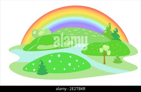 Vector spring landscape with rainbow Stock Vector