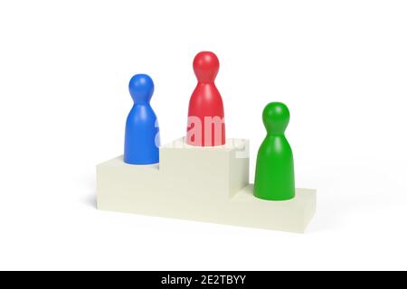 Three pawns on a podium isolated on white background. 3d illustration. Stock Photo