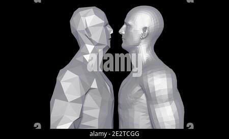 3d male models high , low resolution solid surface objects . Polygonal man body side profile view. Polygon reduction. 3d rendering illustration Stock Photo