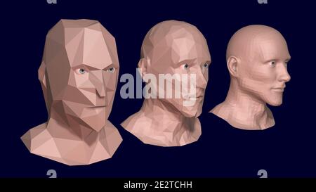 3d male model high resolution solid surface  object . Face of polygonal man.   Polygon reduction.  3d rendering illustration Stock Photo