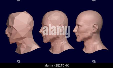 3d male model high resolution solid surface  object . Face of polygonal man.   Polygon reduction.  3d rendering illustration Stock Photo