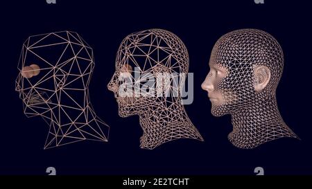 3d male model showing high , medium , low resolution object stages. Wirefrane Polygonal man head. Polygon reduction. 3d rendering illustration . Stock Photo