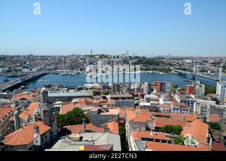 Panoramic image of historic Istanbul taken from the top of the Galata tower looking across the bridges. Stock Photo