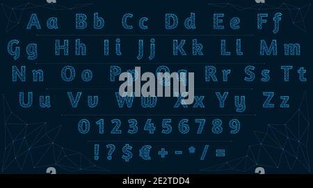 Low poly font. Polygonal letters, numbers and signs. Alphabet made of lines and dots on a dark blue background. Stock Vector