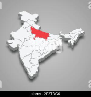 Uttar Pradesh state location within India 3d isometric map Stock Vector