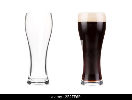 Two beer glasses isolated on white background. Mug filled with draft beer with bubbles and foam and an empty mug. Graphic design element for brewery a Stock Photo