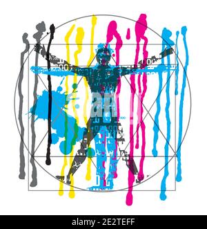 Vitruvian man with binary codes, Flowing Paint, CMYK colors. Futuristic expressive Illustration of vitruvian man with a binary codes . Stock Vector