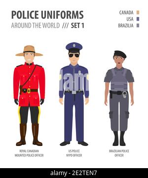 Police uniforms around the world. Suit, clothing of american police officers vector illustrations set Stock Vector