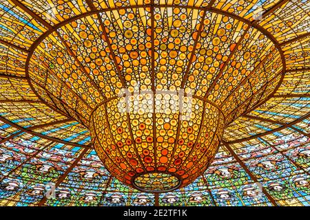 Stained-glass skylight, Palace of Catalan Music concert hall, Barcelona, Catalonia, Spain Stock Photo
