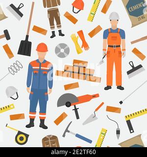 Profession and occupation set. Bricklayer, brick mason tools and equipment. Seamless pattern. Vector illustration Stock Vector