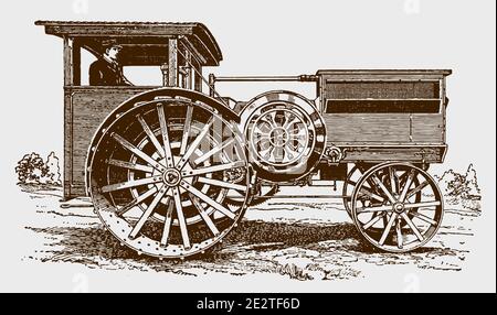 Man from the early 20th century driving an antique tractor Stock Vector