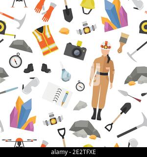 Profession and occupation seamless pattern. Geologist tools and equipment. Uniform flat design icon. Vector illustration Stock Vector