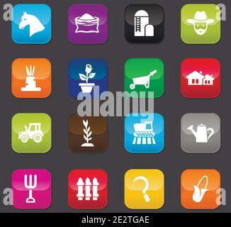 Agricultural icons set for web sites and user interface. Colored buttons on a dark background Stock Vector